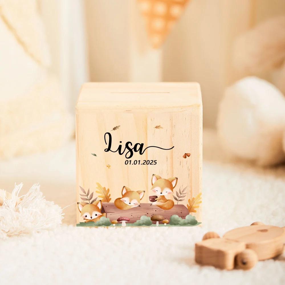 Children's Piggy Bank with Name Personalized Money Wooden Box Cute Animal Pattern Collection Box New Baby Gifts