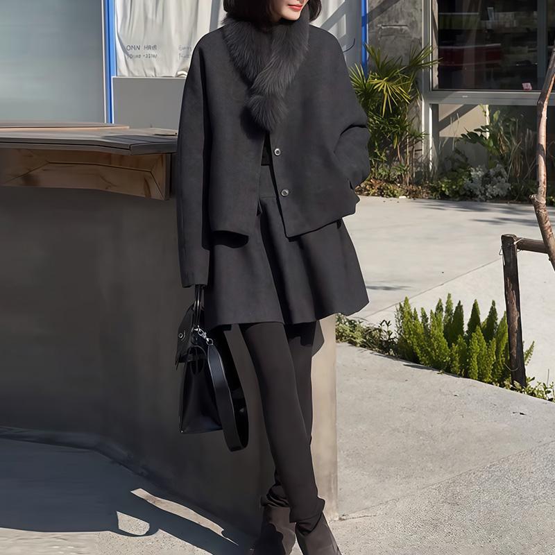 Korean High-End Wool Suit Set: Petite Women's Chic Autumn/Winter Coat & Skirt Two-Piece