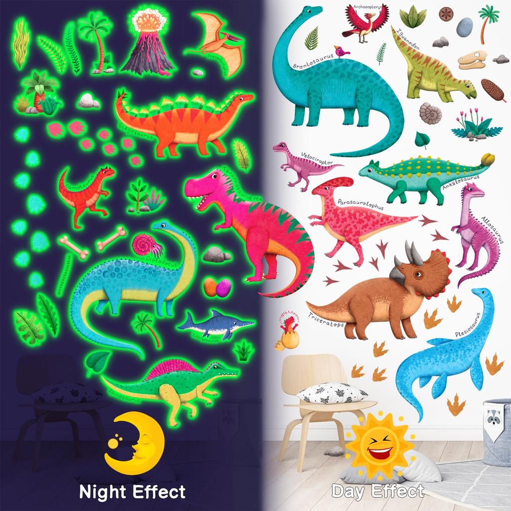 DECOWALL Dinosaur Wall Stickers Dinosaur Stickers for Wall Easy Application Glow-in-the-Dark - Luminous, Glow-in-the-Night Kids' Rooms, Boys'