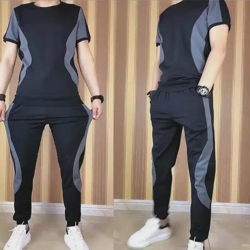 Completo Estivo Trendy da Uomo a Due Pezzi: Pantaloni a nove punti morbidi, elastici, ad asciugatura rapida, abbigliamento sportivo casual classico