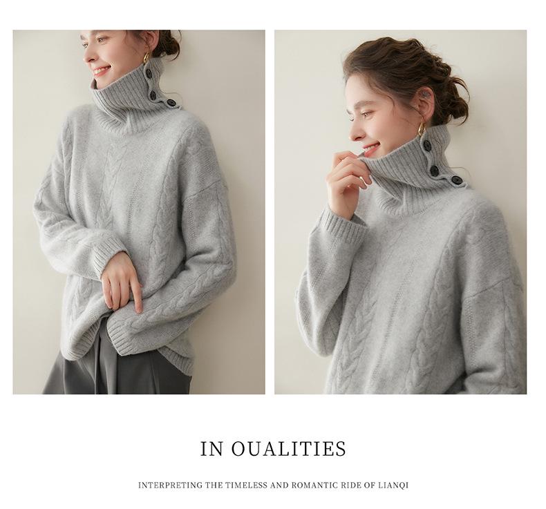 Women's Thickened Cashmere Cable Knit Sweater - Solid Color Base Layer Top for Autumn & Winter
