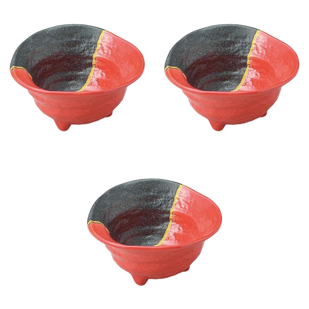 Set of 3 Red and Black Small Bowls x Small Bowls by Setomonohonpo Gold-lined Three-legged [11 5.5cm]