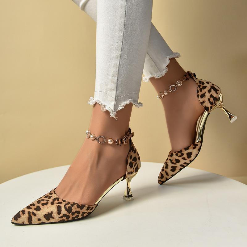 Fashion Leopard Print High Heels Women's Spring and Autumn New Pointed Toe Shallow Mouth One Belt Stiletto Single Shoes