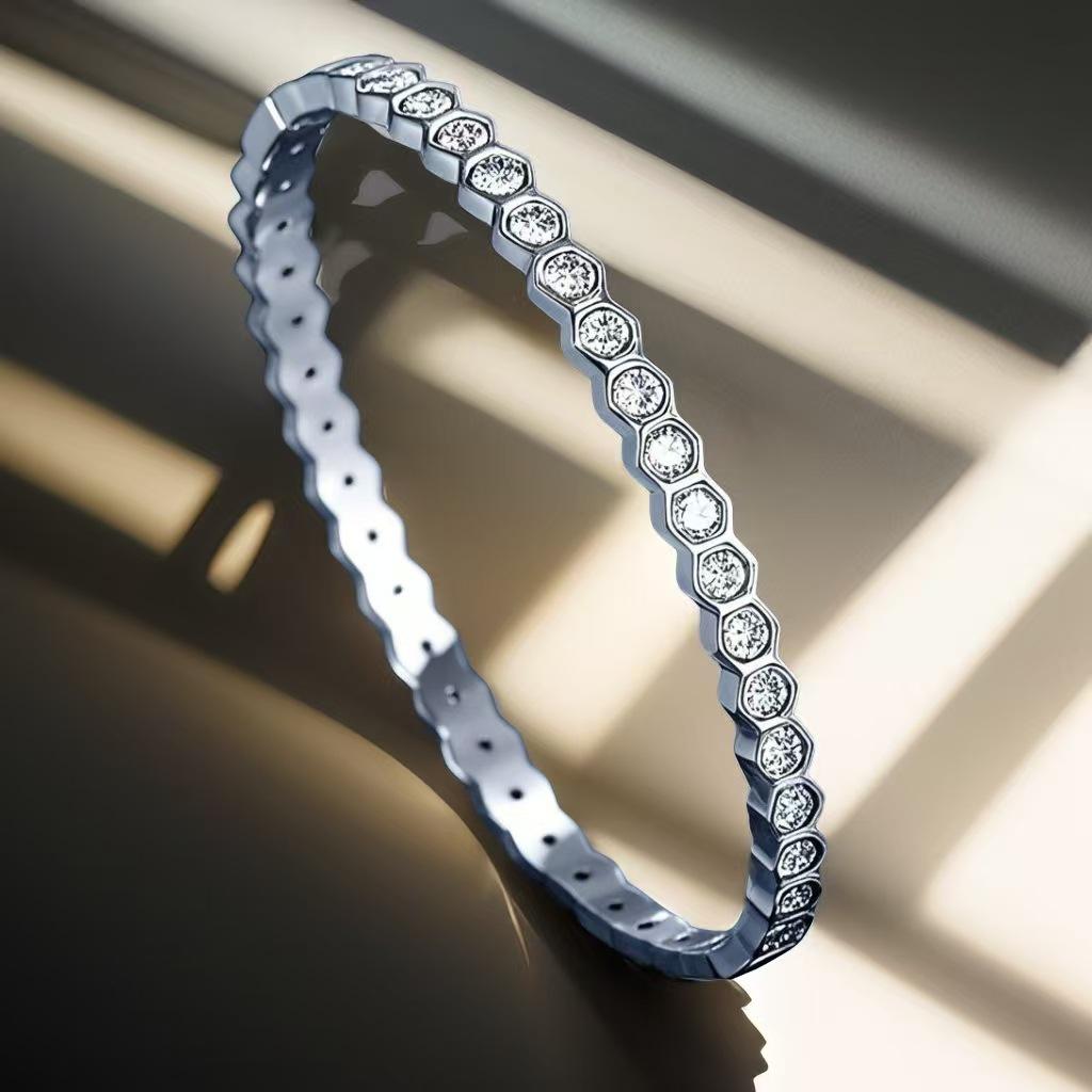18K Gold Plated Hexagon Rhinestone Stainless Steel Bracelet for Women
