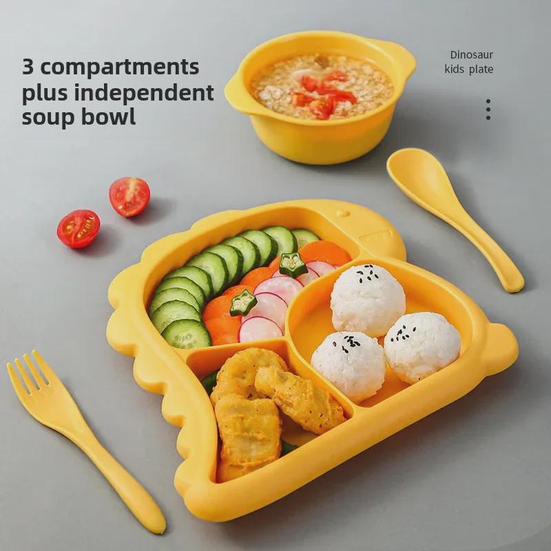 Creative Cartoon Dinosaur Children's Feeding Set: Includes Thickened Plate, Bowl, Spoon, and Fork for Babies and Kindergarten Use.