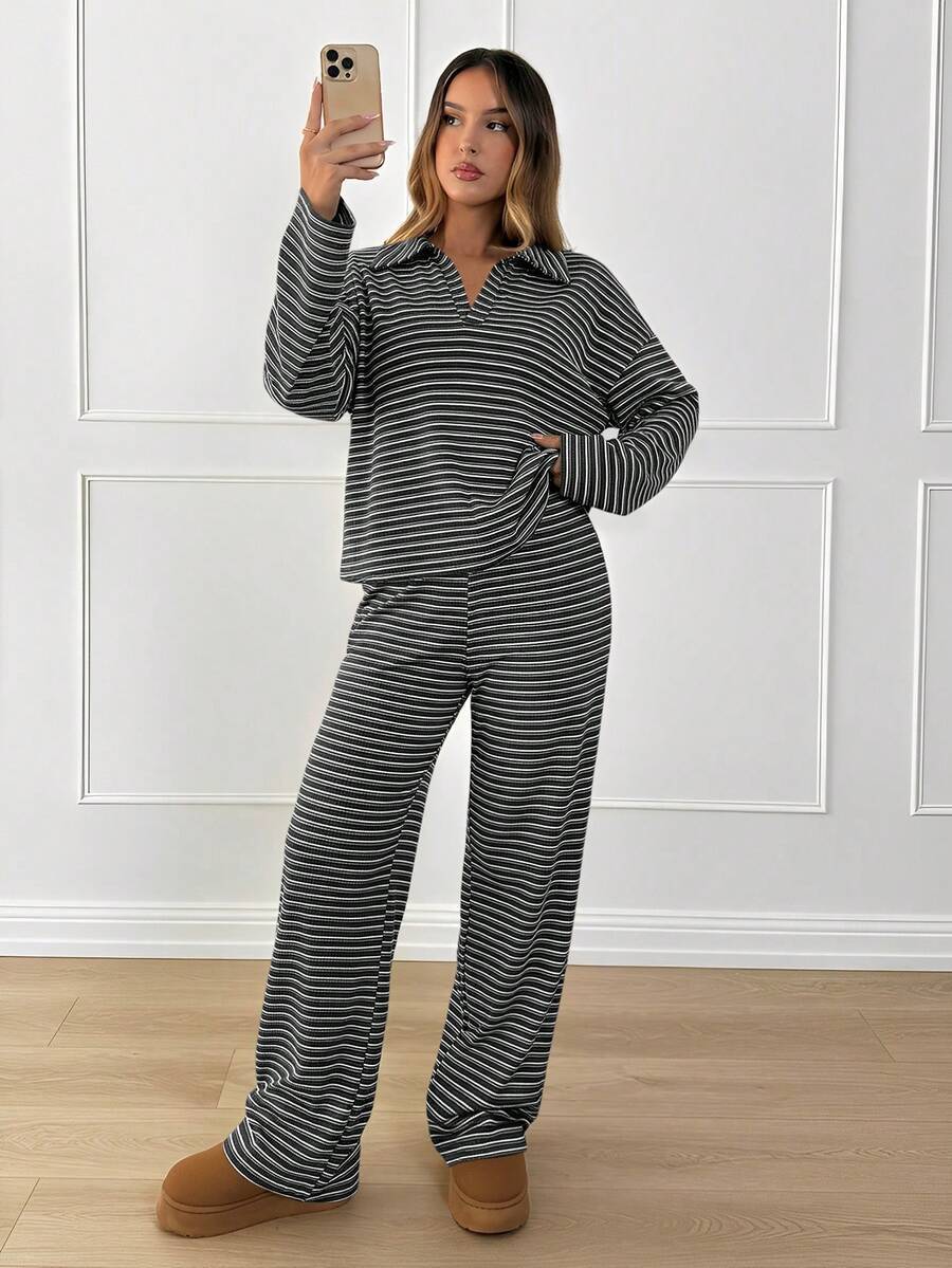 Women Striped Two Piece Loungewear Set Casual Long Sleeve Polo Collar Top and Wide Leg Pants S чёрный