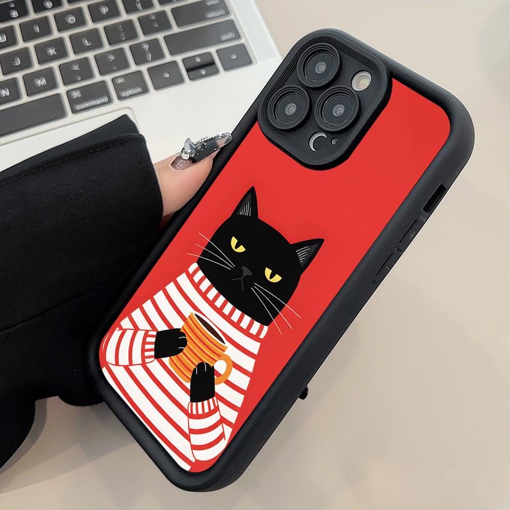 Cute Coffee Cat Thicken TPU Mobile Phone Case for iPhone 17 16 15 14 13 12 11 Air Pro Max Plus Colorful Cover