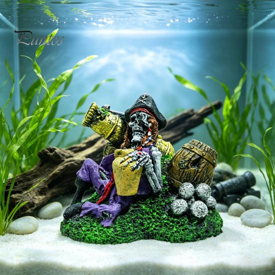 Resin Fish Ornament Pirate Skeleton Aquarium Bubbler, Underwater Tank Ornament, Air Bubbler with Hose Stone for Freshwater And Saltwater Tanks