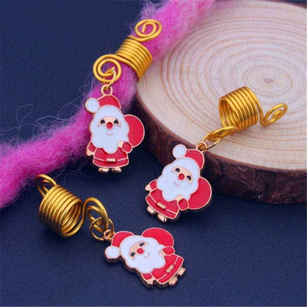 3 Pcs Sweet Gold Color Christmas Hair Ring Santa Claus Charm Dreadlocks Bead Hair Braid DIY Hair Braid Tubes Gift