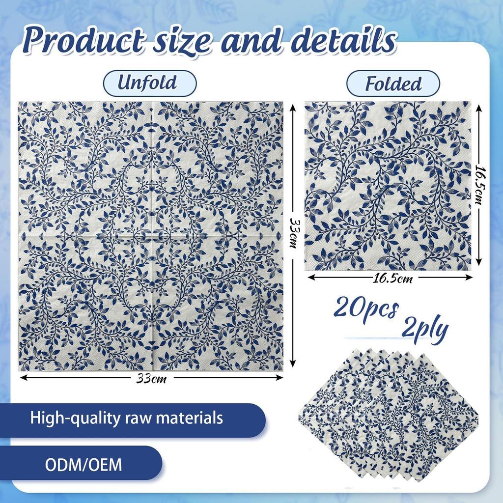 Blue Floral Tissue Colorful Printed Napkin Blue And White Porcelain Picnic Supplies Birthday Party Decoration Disposable Tissue