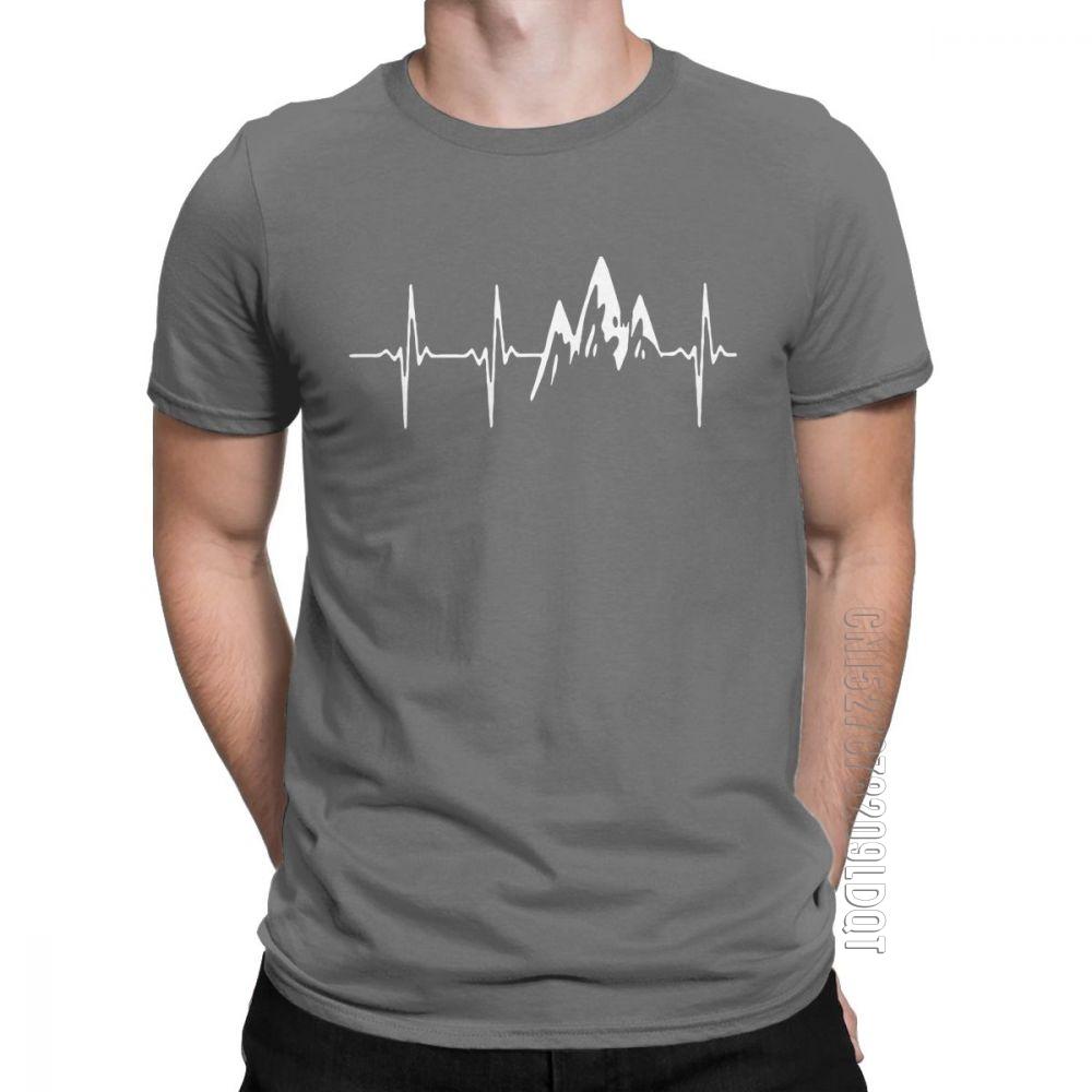 Mountain In My Heartbeat TShirts For Men Hiking Walking T Shirt Climbing Graphic Basic Tees Crewneck Pure Cotton Clothes Gift