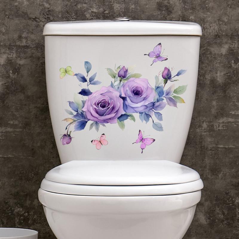 1PC Flower Toilet Cover Sticker, Creative Purple Self-adhesive PVC Sticker, Toilet Water Tank Decoration, Bathroom Decoration