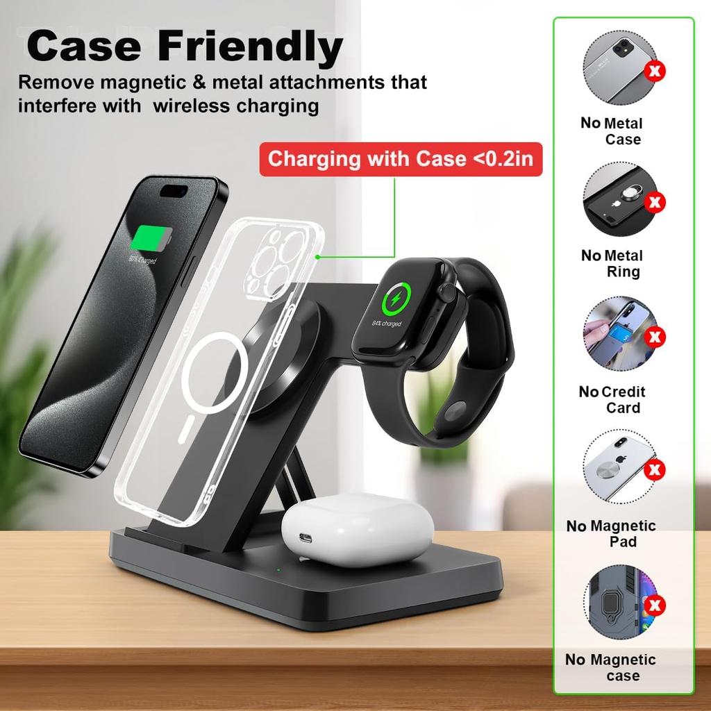 Magnetic 3 in 1 Wireless Charging Station for Magsafe iPhone 12-17 Series, Charging Station for Multiple Devices, Mag-Safe Wireless Charger Stand for