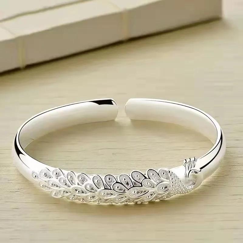 925 Silver Original Bracelets For Women Luxury Designer Peacock Opening Screen Bangle Party Wedding Accessories Jewelry