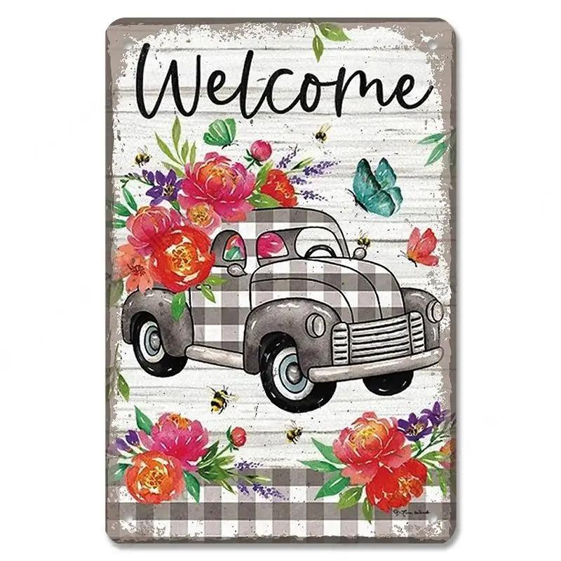 D Flat Metal Sign Vintage Welcome Garden Tin Sign Set Rustic Home Decor Butterfly Flower Watering Can Wall Art