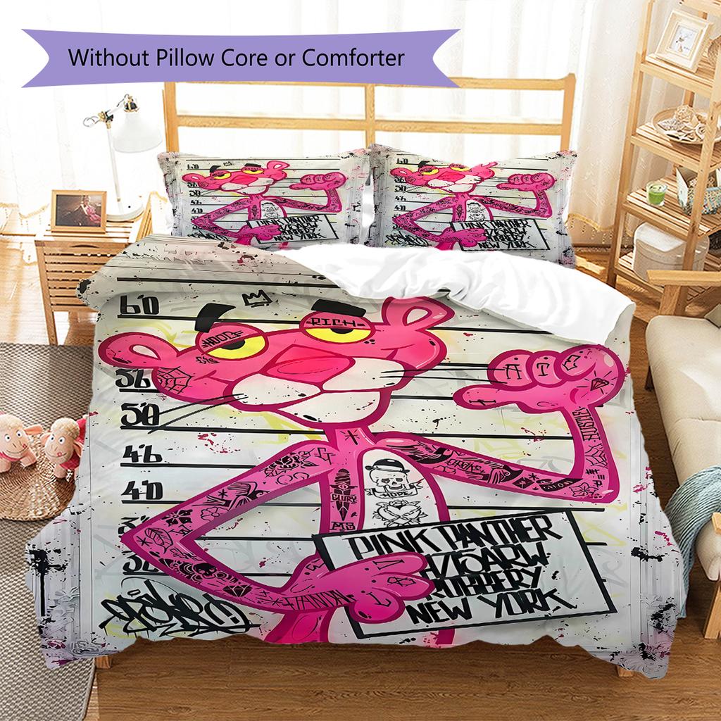 Juego de ropa de cama con estampado de la Pantera Rosa, funda nórdica y funda de almohada. Regalo ideal para el hogar o cumpleaños. (1 * funda nórdica + 2 * fundas de almohada, sin núcleo)