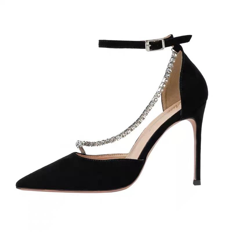 New Black High Heels Women's  Thin Heel Hollow Pointed Single Shoes Sexy Baotou Button Water Drill High heels shoes