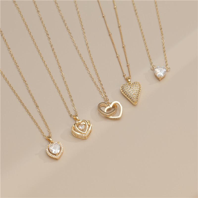 18k Gold Double Heart Copper Necklace with Zirconia and Diamonds