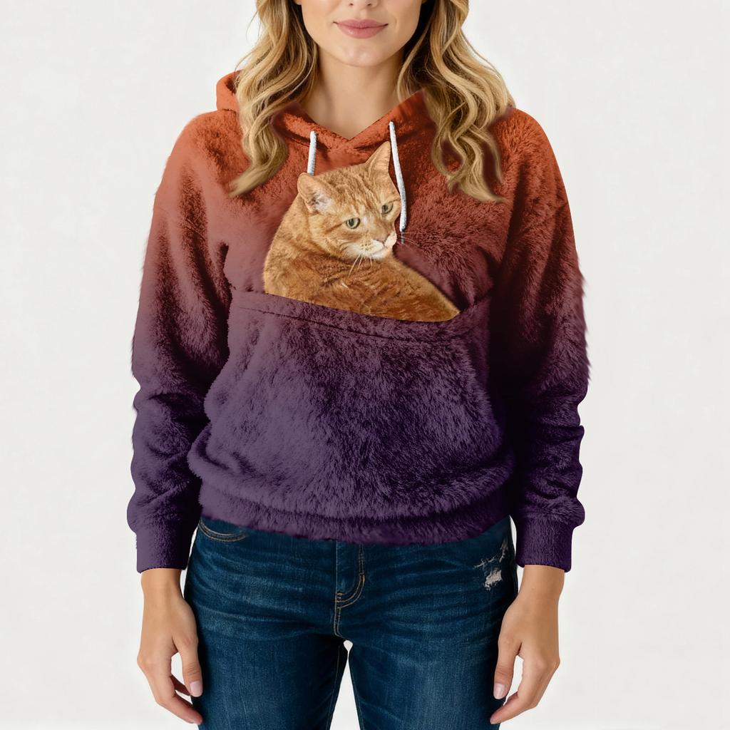 Damen Modisches Lässiges Fleecegefüttertes Langarm-Taschen-Kapuzen-Sweatshirt mit Aufdruck
