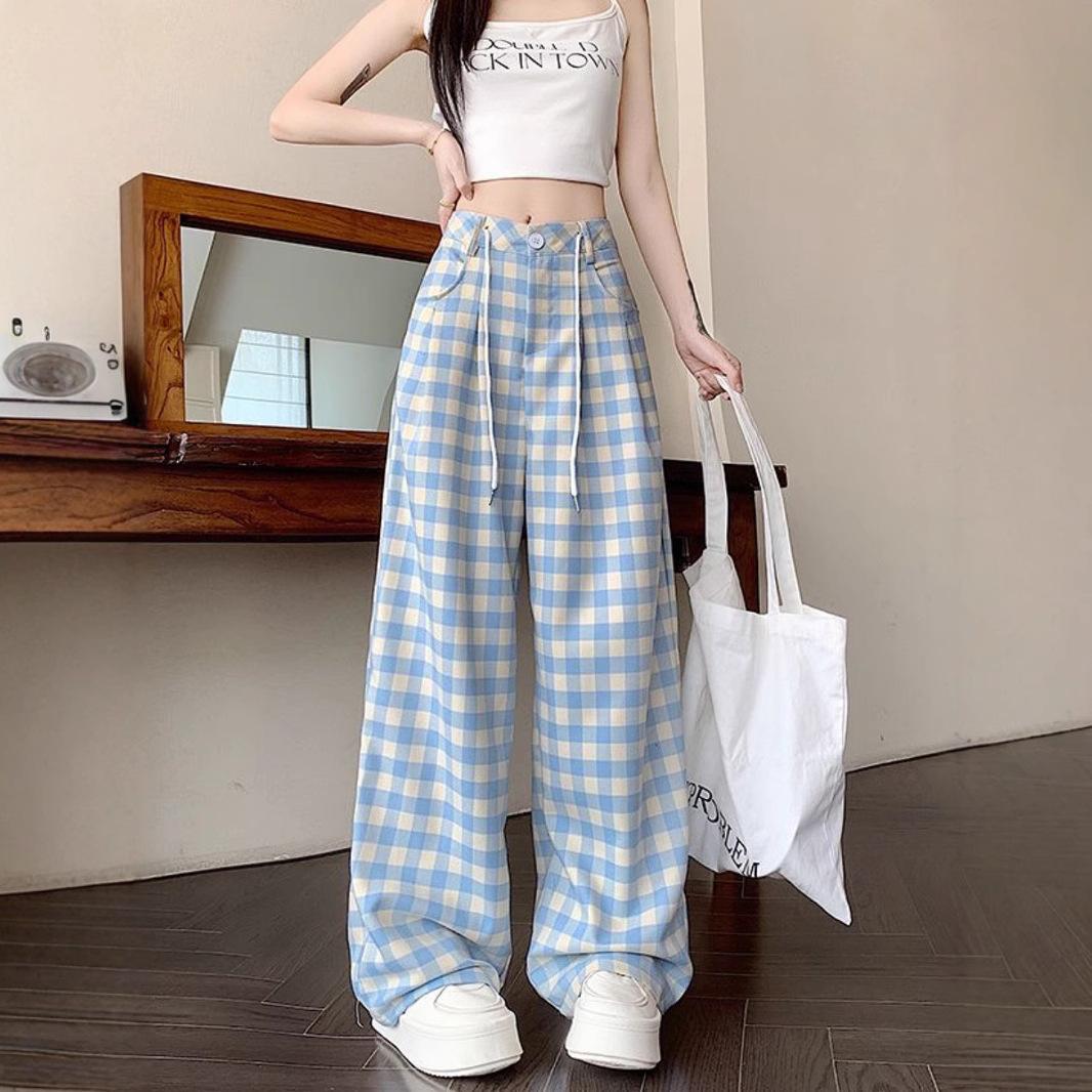 

Синие клетчатые ленивые повседневные брюки для женщин на весну и лето, новые большие размеры, свободные, утягивающие, прямые, широкие брюки 4XL