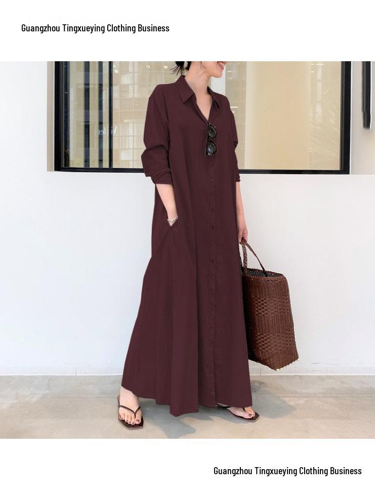 2026 European Cotton Linen Long Sleeve Lapel Shirt Dress with Patch Pocket – Casual, Loose Fit