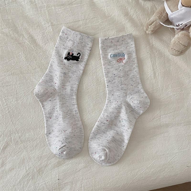 Autumn Ab Side Embroidery Animal Bow Cartoon Cotton Socks Dot Gauze Pile Socks Women'S Socks