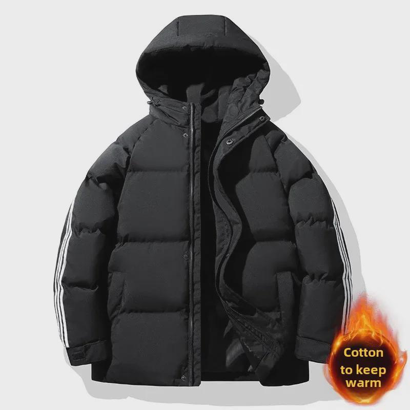 Корейское модное толстое зимнее пуховое хлопковое пальто с тремя полосками M чёрный