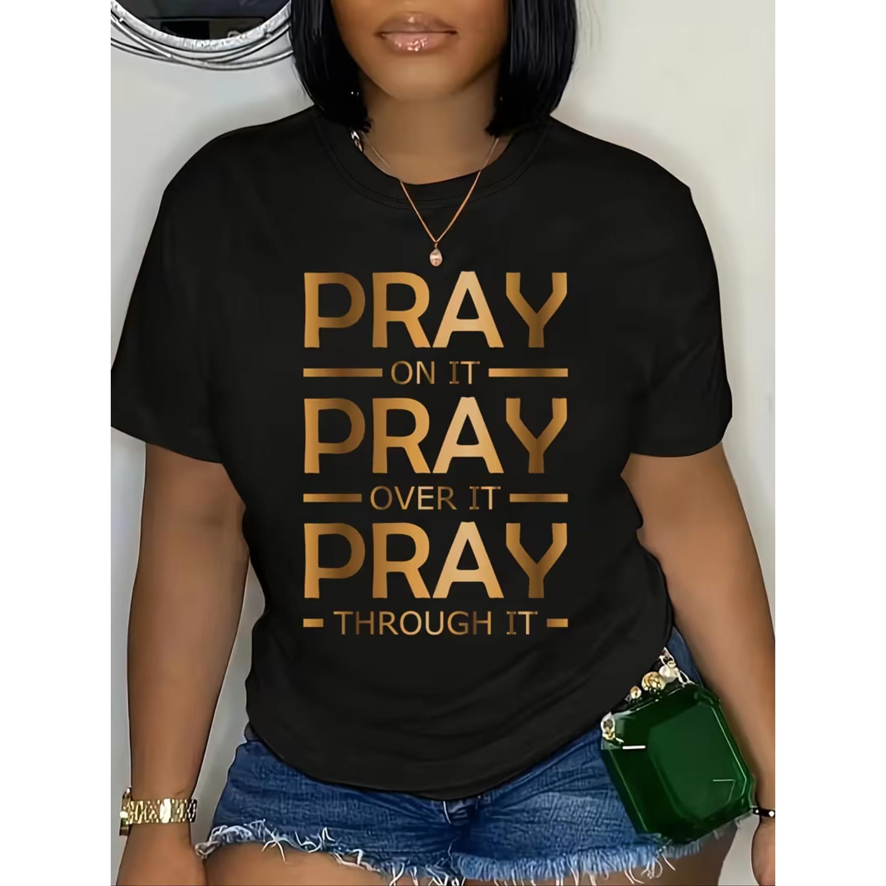 

Футболка с круглым вырезом Pray Print, Повседневный топ с коротким рукавом для лета и весны, Женская одежда S чёрный