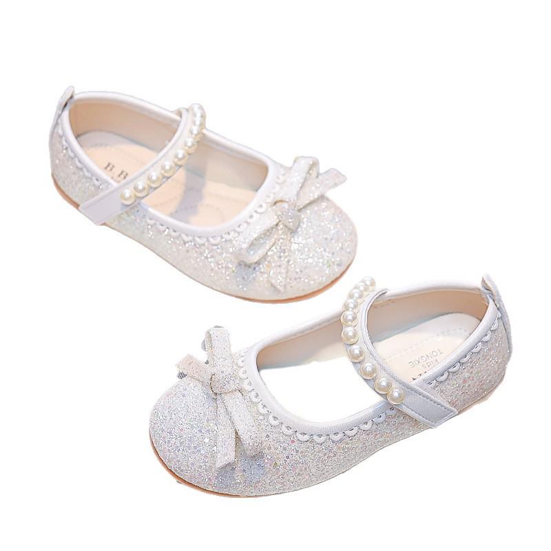 Girls' Sequin Bow Flats - 2025 Spring, Soft Sole Leather Pearl Shoes