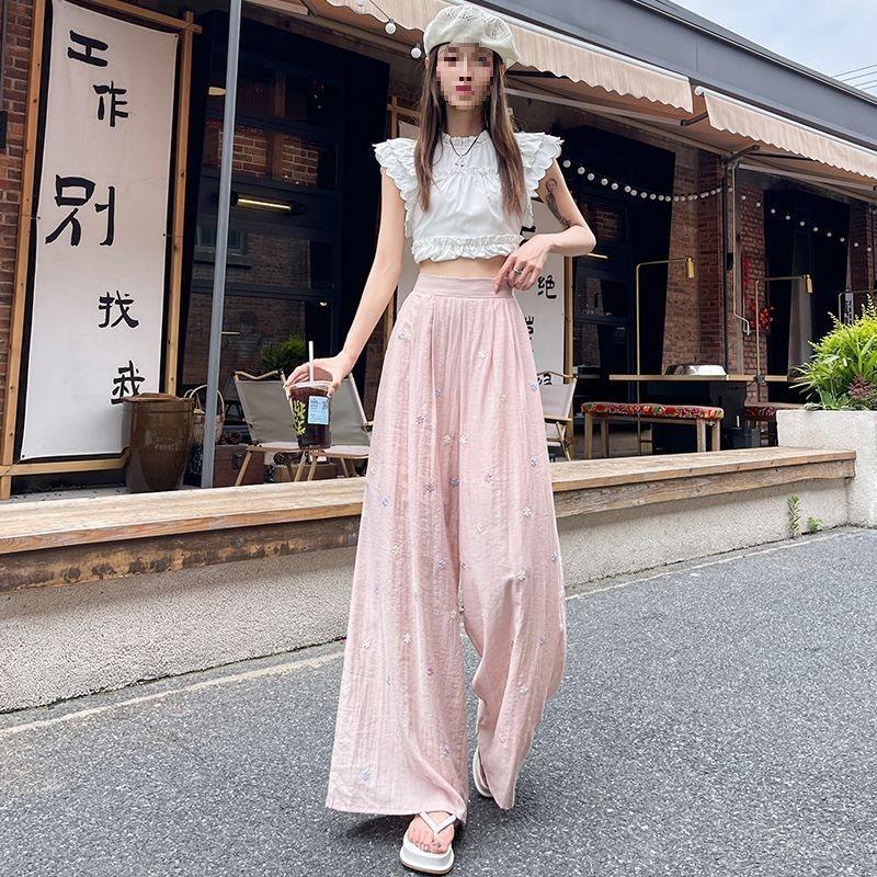 Womens Linen Wide Leg Pants With Embroidery For Summer Casual Wear