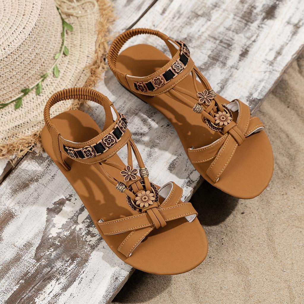 Sommer Damen Sandalen Böhmische Flachsohlige Rundköpfige Perlenblume Strandschuhe Atmungsaktive Lässige Damen Sandalen