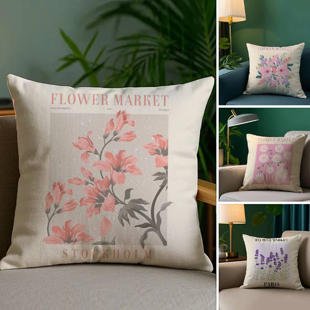 Home Decor Flower Market Prints from Different Cities Pattern Cushion Cover Suitable for Sofa Bedroom Car Pillow Cover