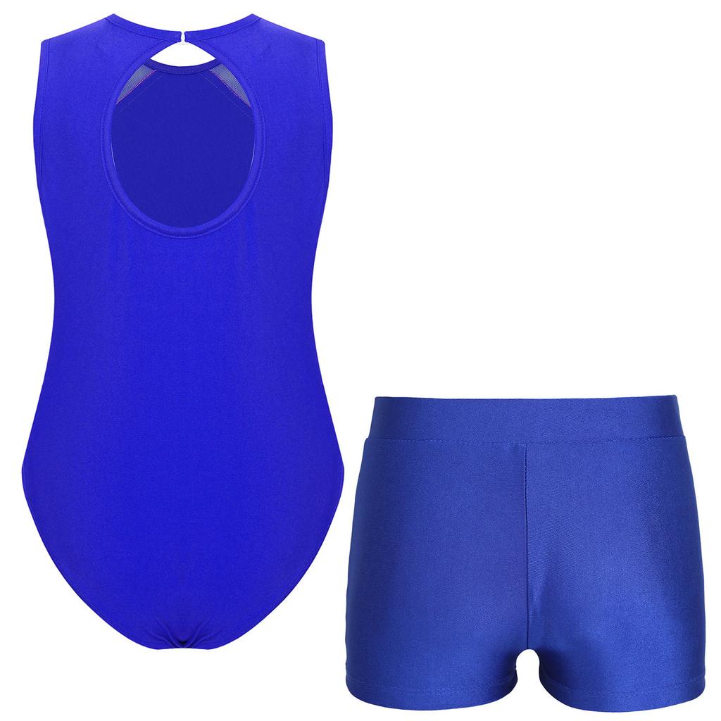 Girls Gymnastics Leotard Sparkly Rhinestones Keyhole Back Patchwork Sleeveless Bodysuit Shorts Set