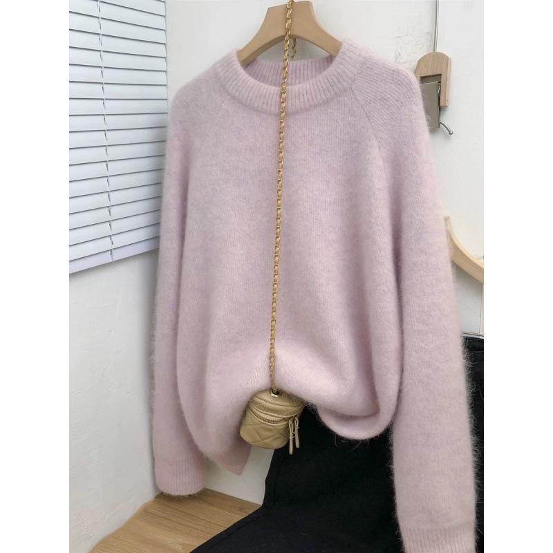 Heavyweight Cashmere Pink Women's Round Neck Long Sleeve Sweater