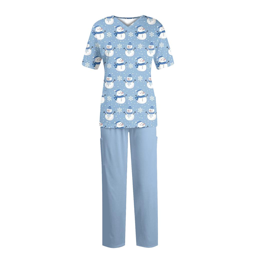 Women's Fashion Print Short Sleeve V Neck Pattern Tops Pocket Working Set