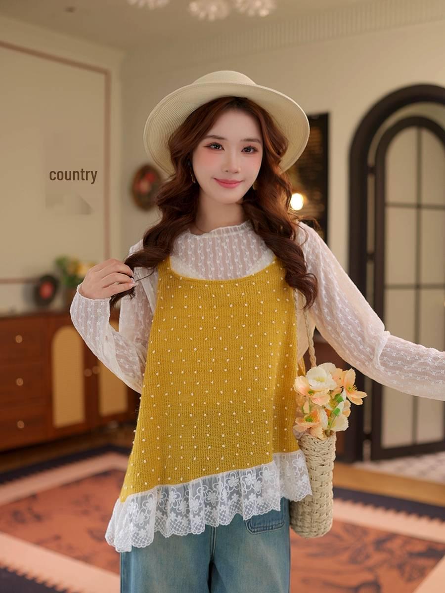 

Wan er Irregular Ruffle Spaghetti Strap Patchwork Tank Top for Women One Size жовтий