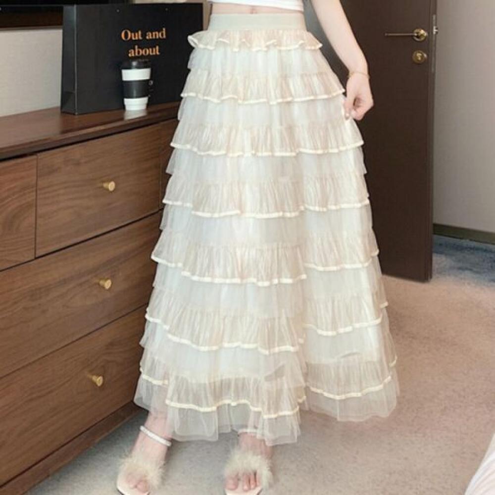 Navava Women Romantic Frill Banding Long Skirt Ns459