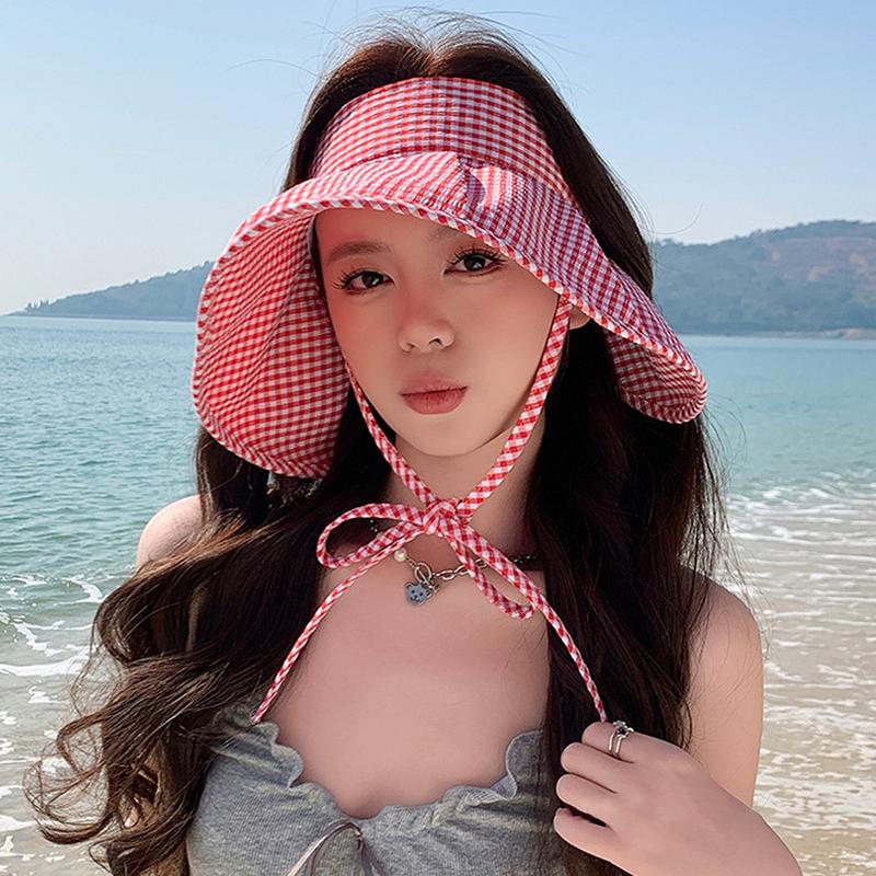 Summer Checkered Sun Hat Foldable Wide Brim Empty Top Beach Hat Breathable Uv Protection Women Sun Shade Visors