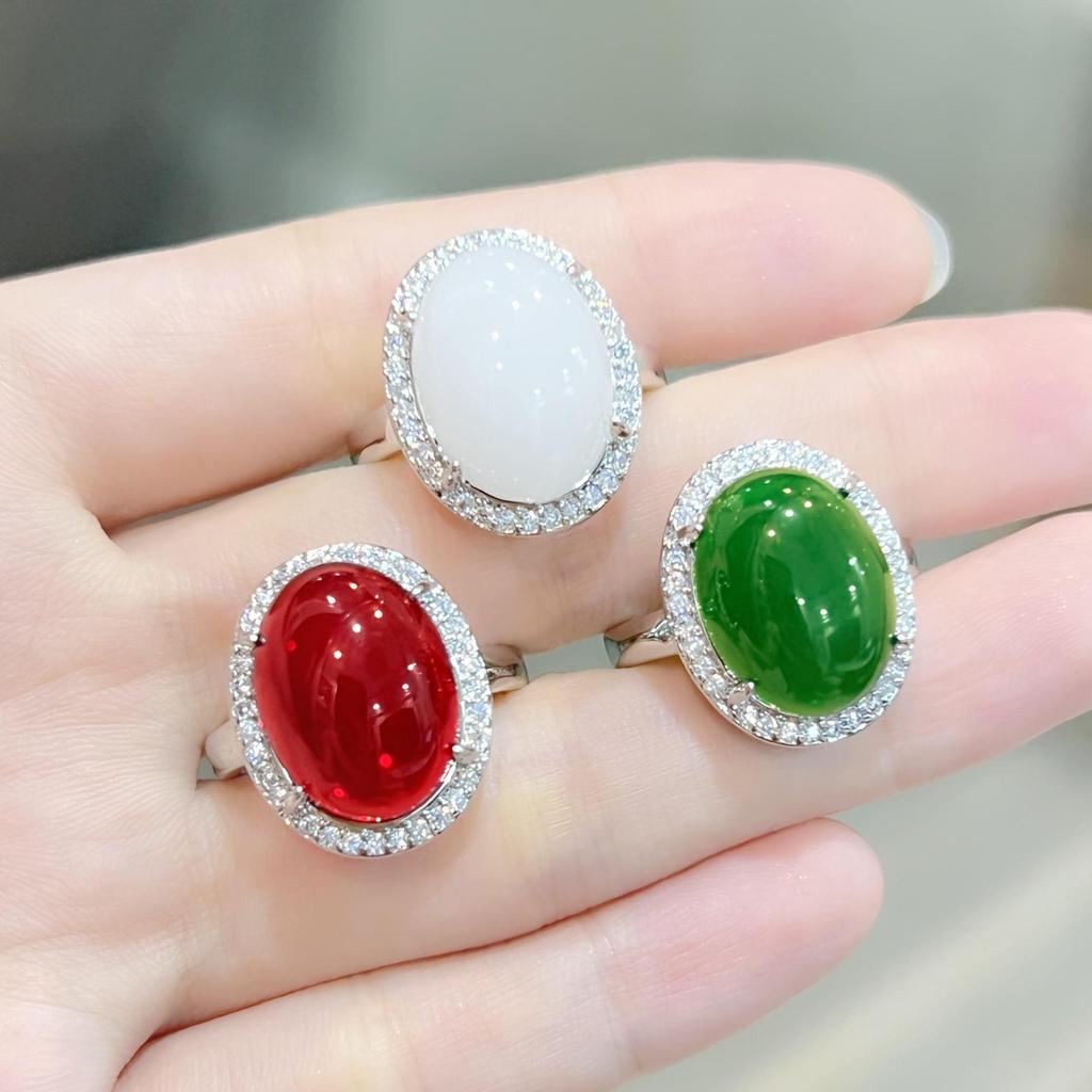 Silver Imitation Green Chalcedony and Agate Crystal Ring