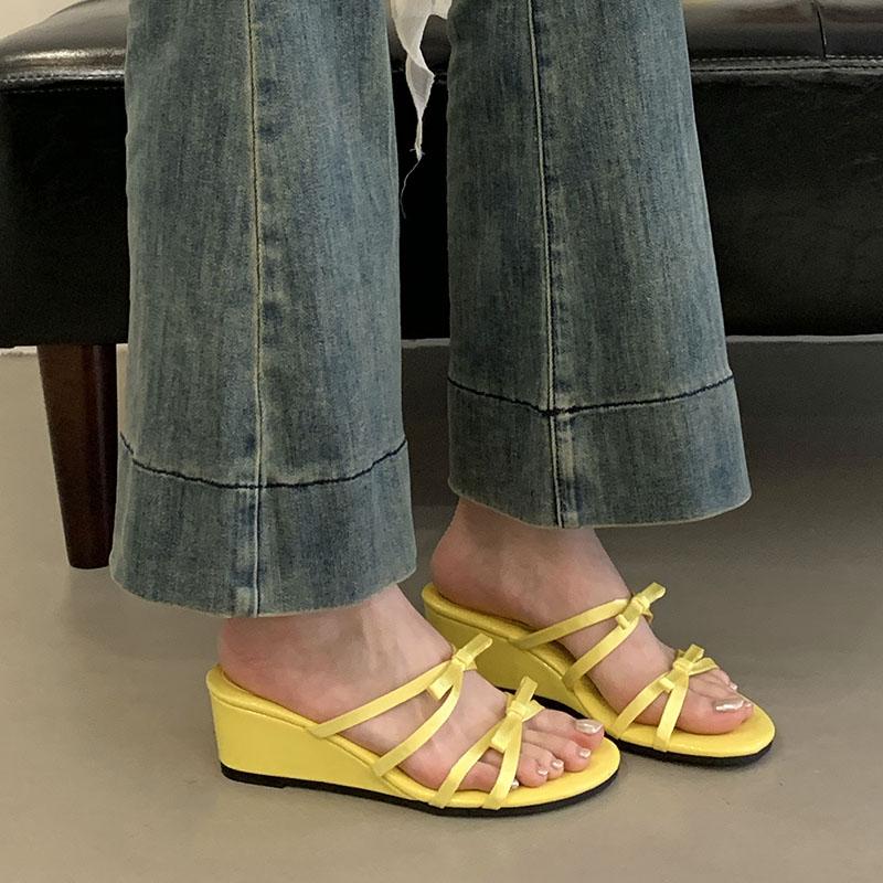Fashion Fashion Butterfly-Knot Women Wedges Slippers Spring Summer Round Toe Ladies Heeled Slippers Shoes Female Slides Sandals Pumps