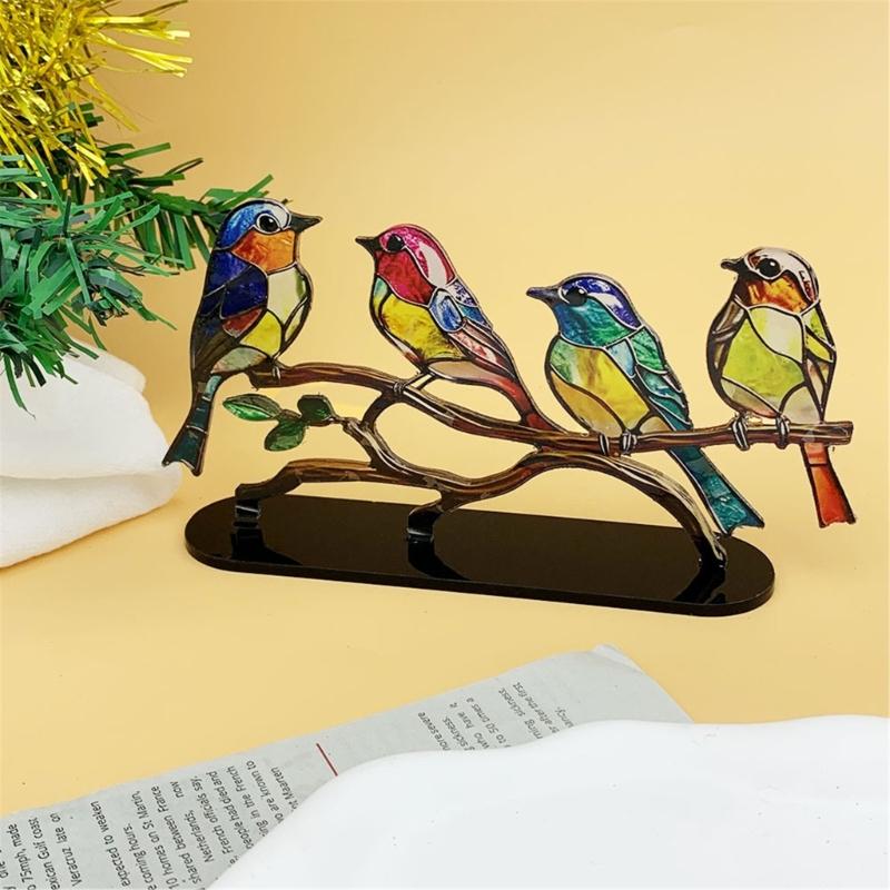 Colorful Birds Statue Art Craft Acrylic Tree Branch Birds Sculptures Collectibles Holiday Gift for Office Cabinets Booksh
