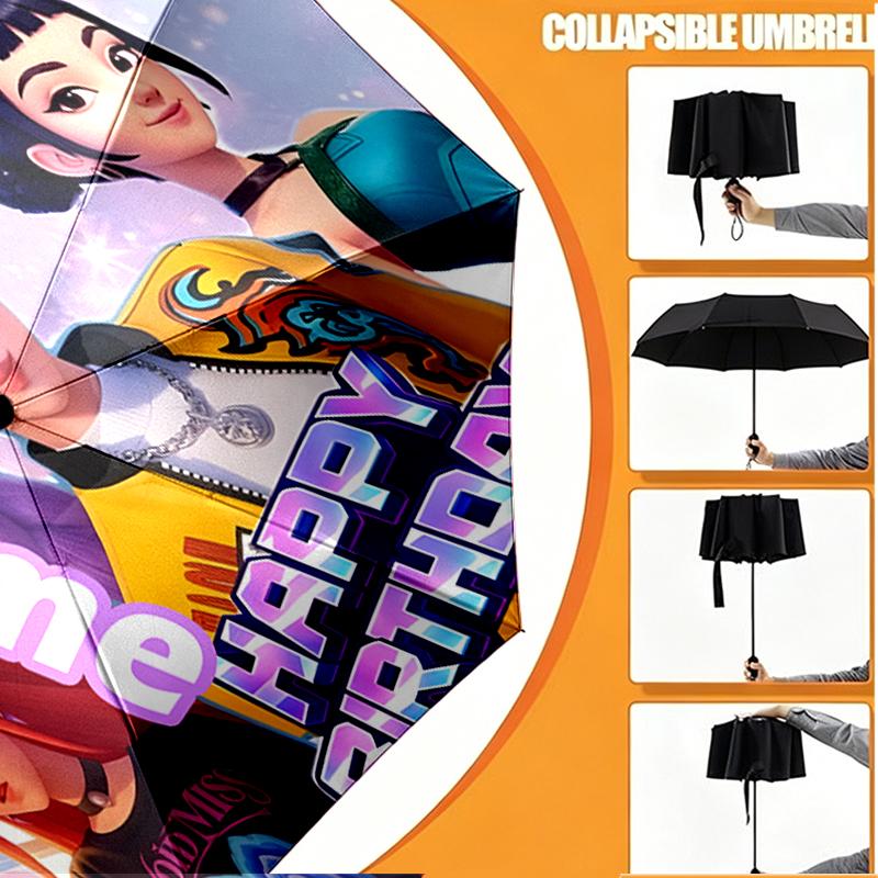 Custom Name Personalized KPop Hunters Print Umbrella, Auto Open Close, 8‑Rib Sturdy Frame, Commute Camping Hiking Use, Birthday Gift