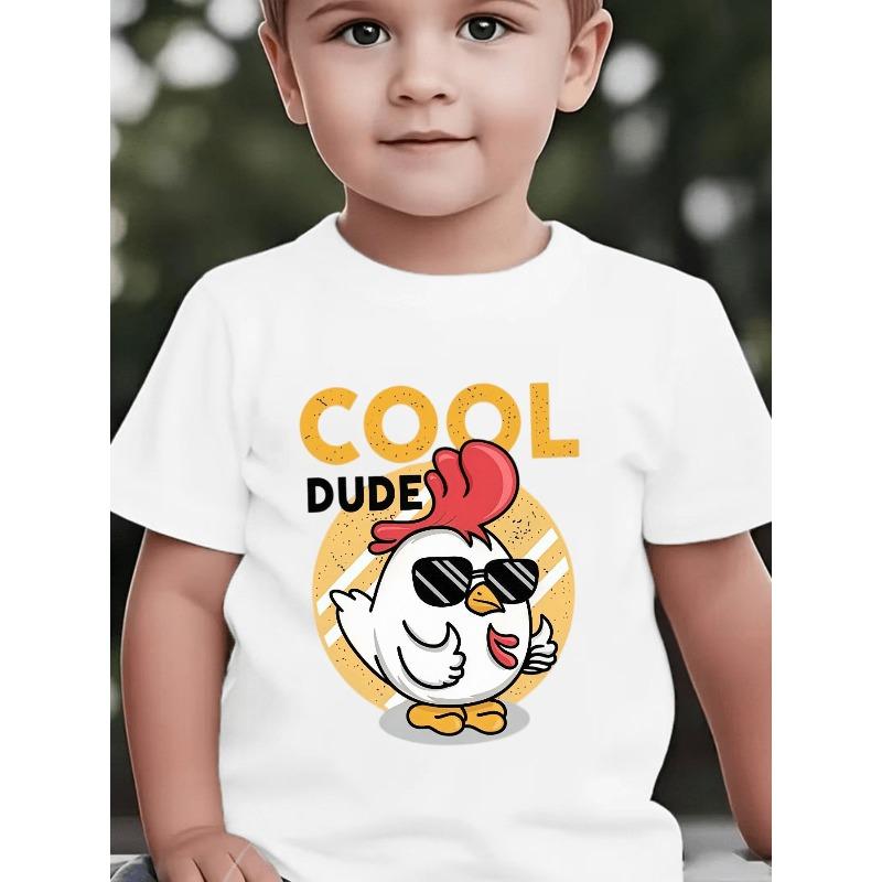 Europäische Größen Baby Kurzarm Cartoon Cooles Hühnermuster Lustiger Druck Mode Trendig Sommer Vielseitig Rundhals Oberteil Kinder Freizeit T-Shirt