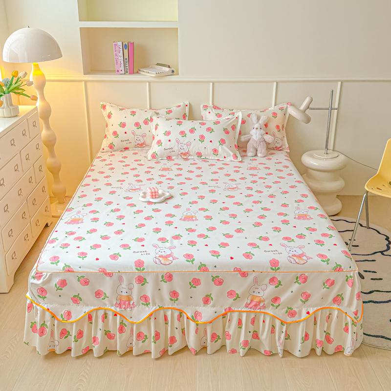 Printed Bed Skirt with Pillowcase Queen Size Bed Cover Set Ruffles Mattress Protector Home Bed Linen Soft Bedspread Jupe De Lit