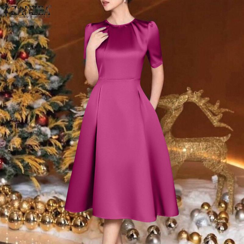 ZANZEA Rochie de vară cu mânecă scurtă și guler rotund, casual, cu model A-line