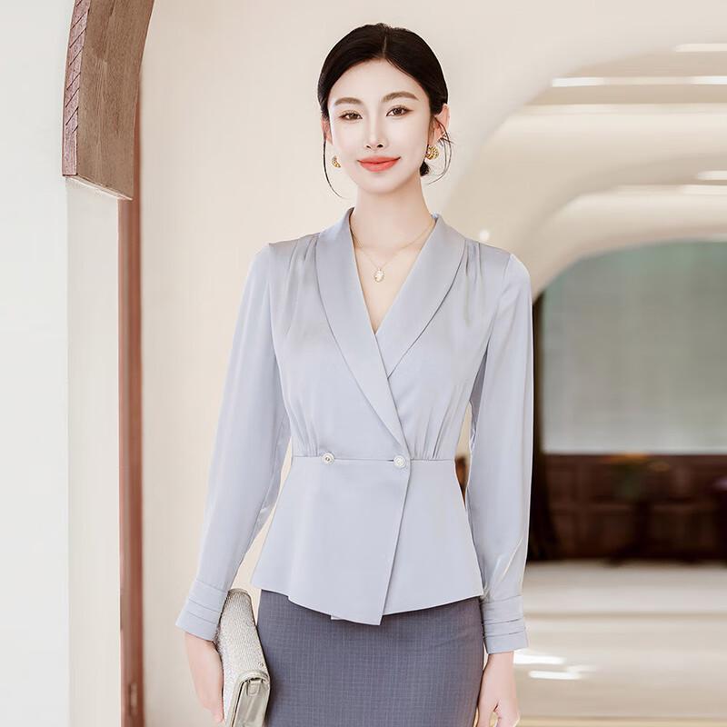 Women s V-Neck Long Sleeve Acetate-Feel Blouse S