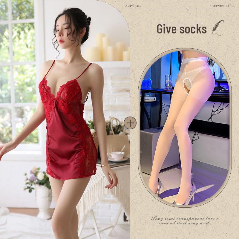 Sexy Temptation Lace Ice Silk Nightdress - Erotic Backless Lingerie for Women