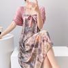 Women's nightgown thin short-sleeved printing light luxury simple breathable casual loungewear long skirt can be worn outside