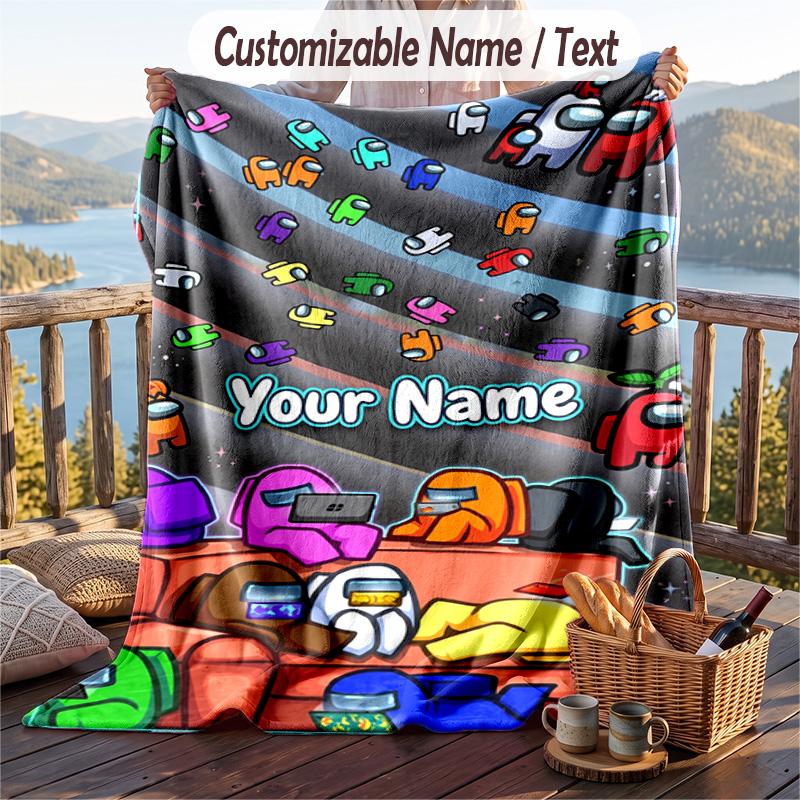 Among Us Flannel Blanket, Personalized Custom Name Text, Soft Warm Plush Throw Blanket For Gift