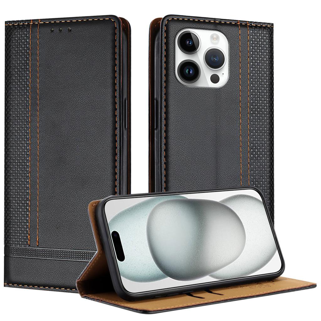 For iPhone 15 Pro Max Case L-Shaped Grid Pattern Leather Stand Phone Cover with Card Slots